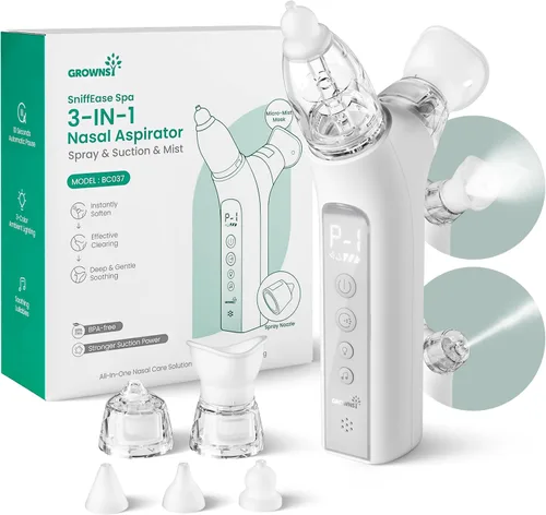 GROWNSY SniffEase Spa - Aspirador nasal 3 en 1 para bebé, aerosol, succión y niebla, potente succión eléctrica de nariz de grado hospitalario con