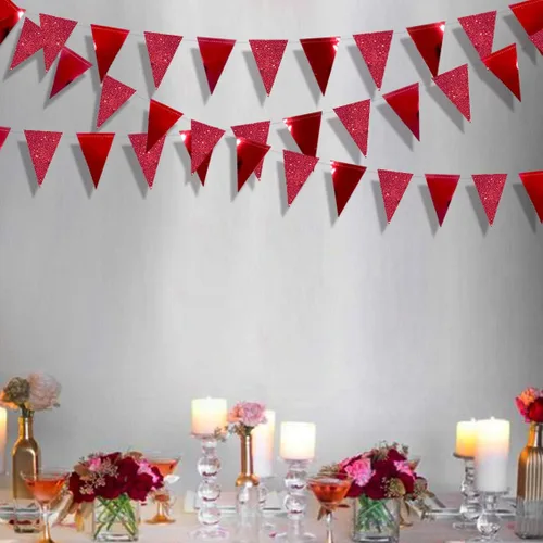 Miniatura 5 de Banderines de Fiesta Rojos de 30 Pies con Purpurina de Papel Metálico Triangular, Bandera, Gallardetes para Graduación, Boda, Compromiso