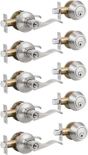 Gobrico Keyd Alike - Manija de puerta de entrada y cerrojo de un solo cilindro en níquel satinado, palanca estilo onda con cerradura y cerrojo de