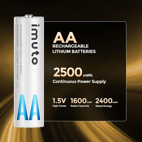 Miniatura 2 de imuto Baterías recargables AA, baterías de litio de 2500 mWh AA, paquete de 4, salida de 1.5 V 2 A, doble batería, vida útil de más de 1600 ciclos