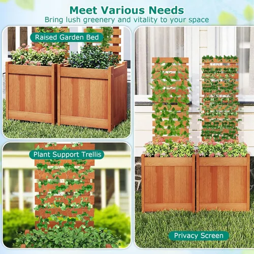 Miniatura 7 de Giantex Cama de jardín elevada de madera con enrejado, maceta para exteriores con base abierta para plantas trepadoras, profundidad de plantación