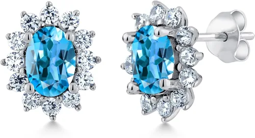 Miniatura 281 de Gem Stone King Aretes ovalados de plata de ley 925 de 0.276 x 0.197 in con piedra natal de la princesa Diana, estilo halo real para mujeres
