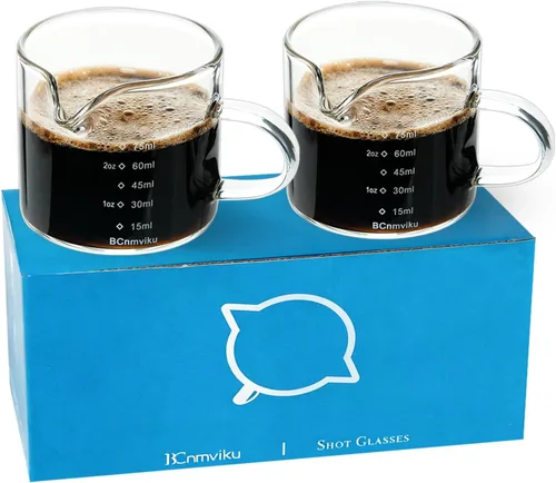 BCnmviku Paquete de 2 Tazas Medidoras de Vidrio para Espresso Jarra Triple Taza de Leche 75ML Tazas de Espresso con Asa Vaso de Chupito con Boca en