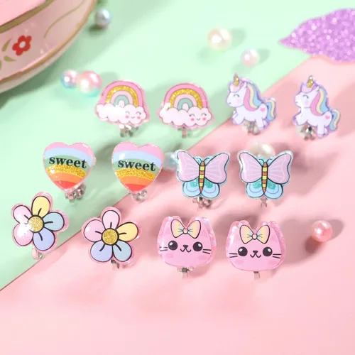 Miniatura 3 de PinkSheep Aretes de clip brillantes para niñas pequeñas, 6 pares de aretes de unicornio, aretes de arco iris para niños, el mejor regalo, Aleación