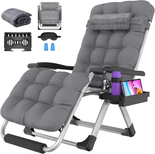 Suteck Silla de gravedad cero de gran tamaño, silla reclinable de 29 pulgadas XL para exteriores con cojín extraíble y reposacabezas, silla de