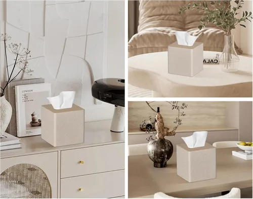 Miniatura 3 de Funda para caja de pañuelos cuadrada de piel sintética para caja de pañuelos facial para decoración de cómoda y baño (Beige)