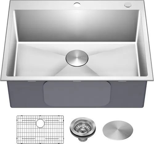 KRAUS Standart PRO KHT300-28 - Fregadero de cocina de acero inoxidable de 28 pulgadas, calibre 16, cuenco individual de 2 agujeros, de acero