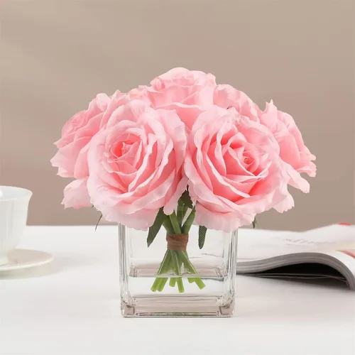 Miniatura 4 de 7 rosas artificiales de tallo grande en jarrón, rosa falsa con flores falsas en jarrón para decoración del hogar, mesa de boda (rosa)