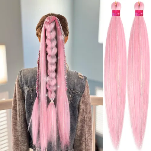 Miniatura 22 de Cabello trenzado verde con lentejuelas de 26 pulgadas, preestirado, trenzas de textura Yaki, extensiones de cabello pre plumadas, 3 paquetes, fácil