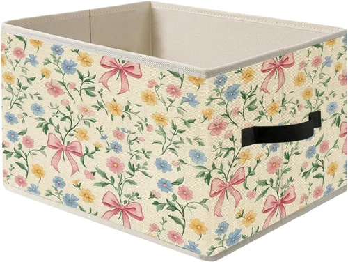 Cesta de almacenamiento con arco rosa y flores, cesta plegable con asas, organizador floral botánico rústico y colorido, caja de juguetes para