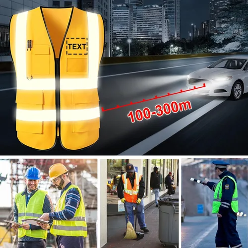 Miniatura 6 de Chaleco de seguridad personalizado con logotipo, texto, nombre, alta visibilidad, bolsillos y cremallera, a granel para mujeres y hombres