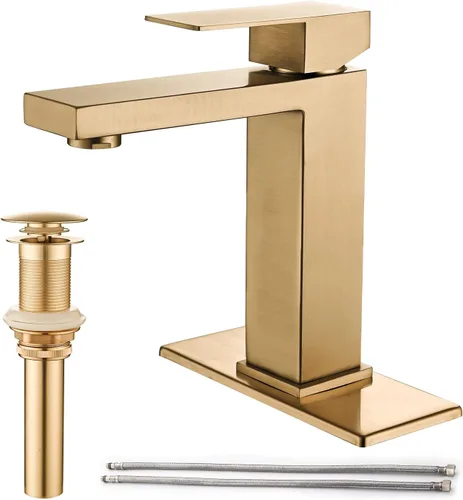 AVSIILE llave de baño dorada cepillada, llave de baño dorada de un solo agujero, llave moderna de una sola manija de acero inoxidable para fregadero