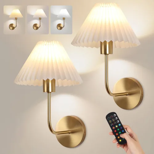 Miniatura 14 de Juego de 2 apliques de pared inalámbricos, pantallas plisadas recargables que funcionan con batería, luces de pared retro de cuello de ganso Dorado