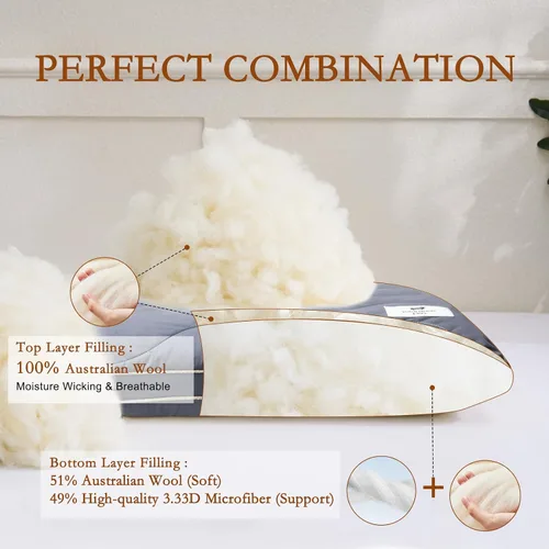 Miniatura 2 de YOUR MOON - Almohada Suave de Lana Orgánica Queen, Almohada Plana y Delgada de Lana para Dormir, Almohada de Cama de Bajo Volumen para Espalda