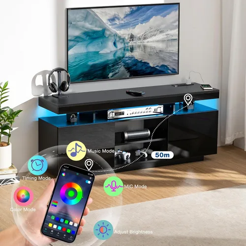 Miniatura 3 de HOMMPA Soporte de TV LED moderno para TV de 65/60/55 pulgadas con tomas de corriente - Centro de entretenimiento con almacenamiento para consola