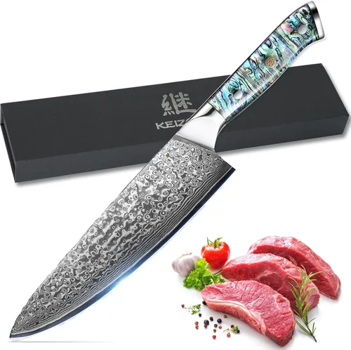 Miniatura 9 de Cuchillo de chef de acero de Damasco de 8 pulgadas, hoja profesional japonesa 10Cr15MOV con patrón de martillo forjado a mano, cuchillo de cocina