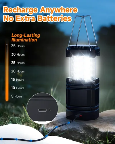 Miniatura 2 de Paquete de 4 faroles solares para campamento, linterna LED recargable con linterna, USB-C y funciona con energía solar, luces de emergencia