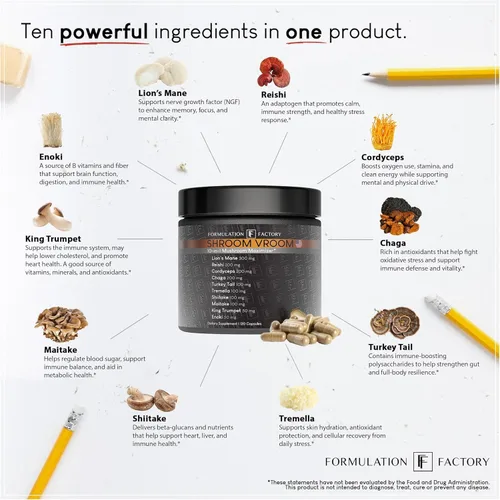 Miniatura 4 de Formulation Factory Shroom Vroom Suplemento de hongos 10 en 1, melena de león, reishi, cordyceps, chaga, cola de pavo, tremella, shiitake, maitake