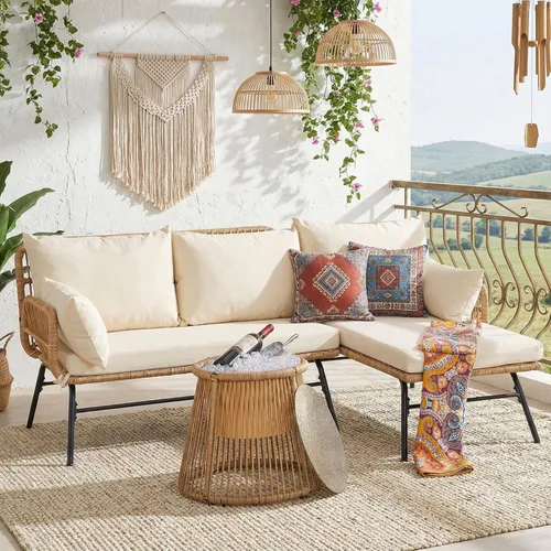 NICESOUL Juego de 3 muebles de patio al aire libre en forma de L estilo bohemio con cómodo cojín de 2 pulgadas de grosor, respaldo alto, capacidad