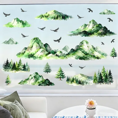 Miniatura 9 de Calcomanías de Pared de Montaña y Árbol Acuarela Calcomanías de Pared de Montaña Despegables y Adhesivas Aves Voladoras Árboles de Pino Verde
