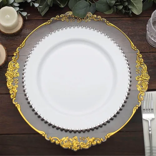 Miniatura 10 de Efavormart - Paquete de 10 platos de postre de plástico transparente rubor con borde de cuentas, platos redondos desechables para ensalada, 8