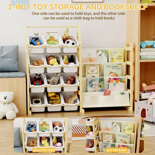 Miniatura 2 de Organizador de Almacenamiento de Juguetes de Madera Estantería para Niños, con 12 Contenedores Organizadores de Juguetes, Estante de Libros