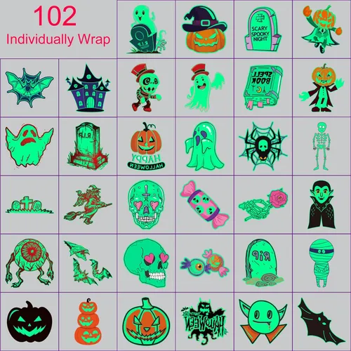 Miniatura 2 de Para suministros de recuerdos de fiesta de Halloween, 102 tatuajes temporales que brillan en la oscuridad envueltos individualmente para niños