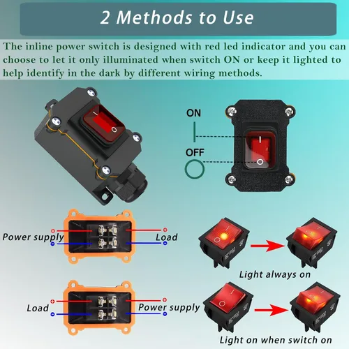 Miniatura 4 de Interruptor de línea de 12V IP67 impermeable, interruptor de palanca de encendido/apagado de 20A para exteriores, CC 12V-24V con botón basculante
