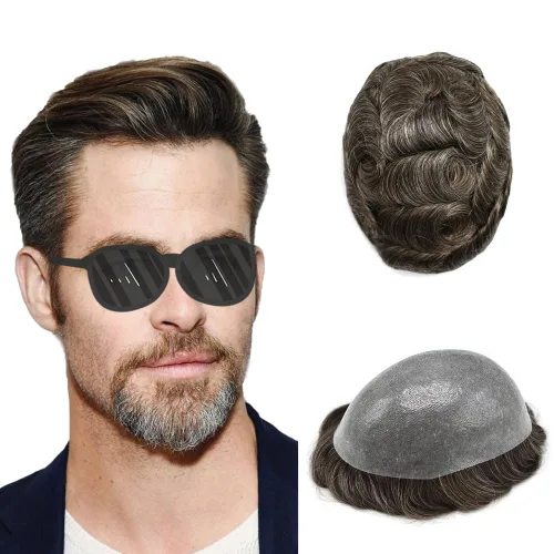 Miniatura 57 de Toupee para hombres Sistema de reemplazo de cabello humano real duradero invisible para hombre Toupee Hair Piece para hombres Poly Men Sistema