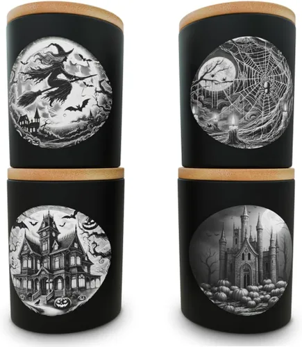Miniatura 2 de NATIKON Tarros de vela de vidrio negro de 9 onzas con tapas herméticas, paquete de 4 con diseños de casa encantada, castillo y bruja