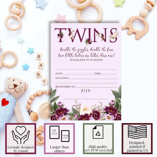 Miniatura 3 de AmandaCreation - Invitaciones florales de peonía morada para baby shower para gemelos, 20 tarjetas de relleno de 5 x 7 pulgadas con veinte sobres