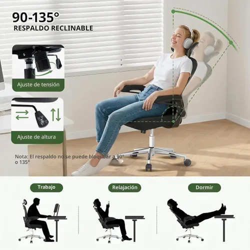 Miniatura 4 de Silla de oficina, malla ergonómica transpirable, brazos abatibles y respaldo alto ajustable, cómoda silla de computadora para oficina en casa Negro