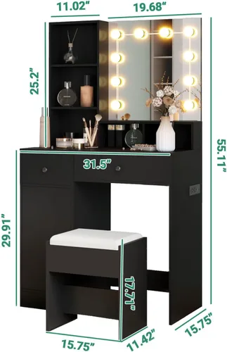 Miniatura 9 de Escritorio de tocador con espejo, luces y tira de corriente, tocador pequeño para espacios pequeños, mesa de maquillaje moderna con 4 cajones