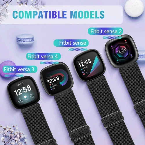 Miniatura 5 de Paquete de 3 correas elásticas de nailon compatibles con Fitbit Versa 4/Versa 3/Sense 2/Sense, suave, ajustable, transpirable, correas de repuesto