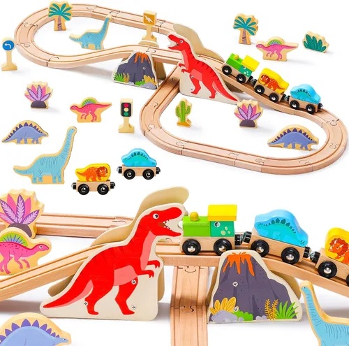 Miniatura 10 de SainSmart Jr. Juego de tren de madera para niños pequeños, pista de tren de madera de doble cara con 4 trenes compatible con Brio, Thomas, Melissa