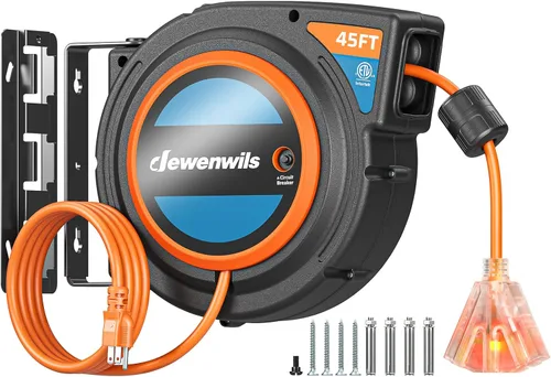 Miniatura 12 de DEWENWILS Carrete de cable de extensión retráctil, cable de alimentación resistente de 40 pies, 12 AWG/3 C SJTOW, 3 tomas de tierra iluminadas