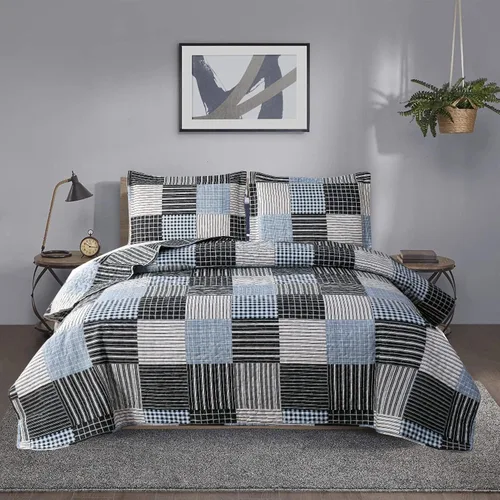 Miniatura 16 de Juego de edredón tamaño Queen, colcha a cuadros, cubrecama Queen, edredones Queen de retazos, ropa de cama para hombres colección a cuadros, colcha