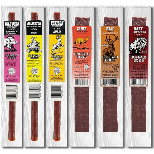 Miniatura 4 de Aperitivos de carne de caza salvaje de Buffalo Bob (paquete de 6) Muestra de carne seca exótica Juego de regalo de carne seca de res, cestas