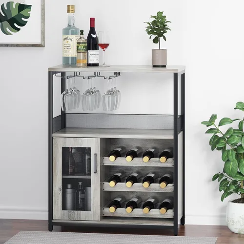 Miniatura 11 de IDEALHOUSE Armario de bar de vinos de 3 niveles con estante y cajón desmontable para vinos, aparador industrial y gabinete de buffet con soporte