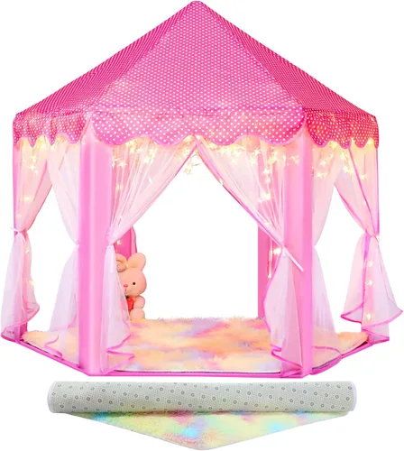 Miniatura 11 de Tienda de campaña de princesa para niñas en interior: con alfombra, luces de estrella, tienda de campaña rosa para niños, juguetes para niñas