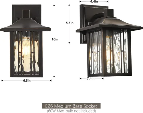 Miniatura 5 de Luces de porche al aire libre, luces de pared exterior para montaje en pared, iluminación impermeable para patio con vidrio ondulado de agua