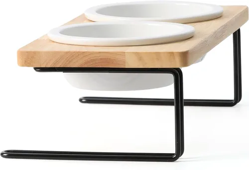 FUKUMARU - Cuencos de cerámica elevados para gatos, cuencos con una inclinación de 15º para agua y comida en soporte de madera, juego para gatos y