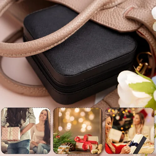 Miniatura 6 de Mini joyero portátil de viaje de cuero para joyas, organizador de anillos, caja de regalo de almacenamiento, para niñas y mujeres (negro).