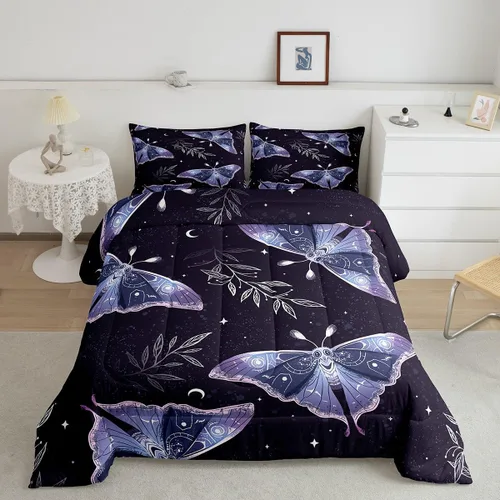 Miniatura 11 de Erosebridal Juego de ropa de cama de calavera gótica, flores mandala, mariposa hippie para niñas y niños, edredón de esqueleto de la muerte de Negro