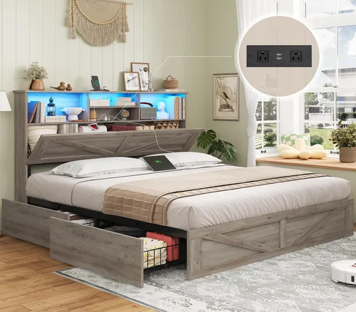 AOGLLATI - Base de cama de tamaño matrimonial estilo granja con 4 cajones de almacenamiento y estación de carga, base de cama completa de madera con