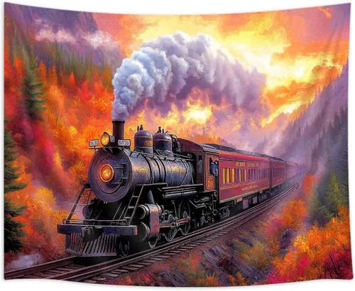 Miniatura 5 de Tapiz de Tren de Vapor, Tapices de Paisaje Otoñal de Tren de Motor Antiguo Decoración para Niños, Tapices de Arte de Acuarela de Bosque de Montaña