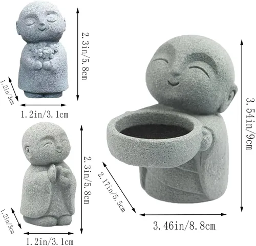 Miniatura 2 de livelyfish Estatua de monje japonés de 3 piezas de estatuas de buda de piedra arenisca zen rezando, esculturas asiáticas de jardín para buena