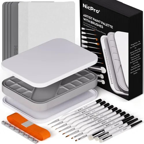 Nicpro Kit de pintura en miniatura con paleta húmeda y 11 pinceles de pintura para detalles, cepillo seco, 100 piezas de papel de paleta húmeda, 4