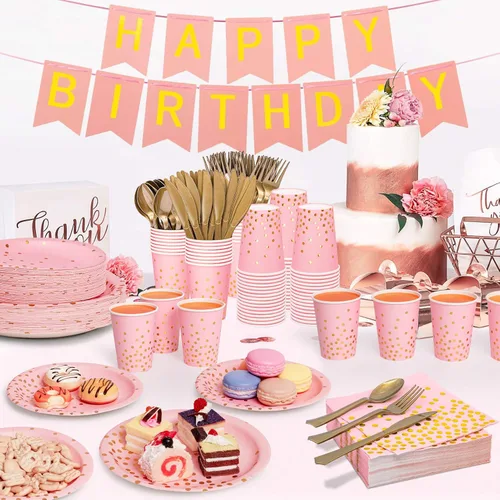 Miniatura 8 de Suministros de fiesta rosa y dorado, juego de vajilla desechable de 350 piezas con platos de papel rosa, servilletas, vasos, juego de cubiertos