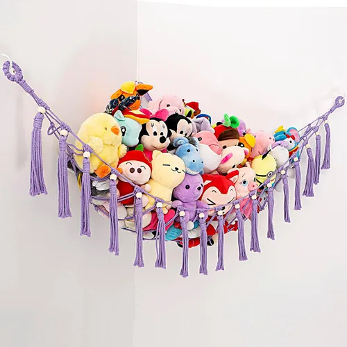 Miniatura 9 de MAKEONEWO Hamaca de Juguete de Peluche Colgante - Hecha a Mano, Organizador Grande de Macramé Rosa, Soporte de Red de Esquina para Juguetes de Rosa